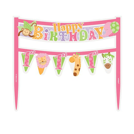 Pink Safari "Happy 1st Birthday" Cake Banner (16.5cm) - The Party Marketplace