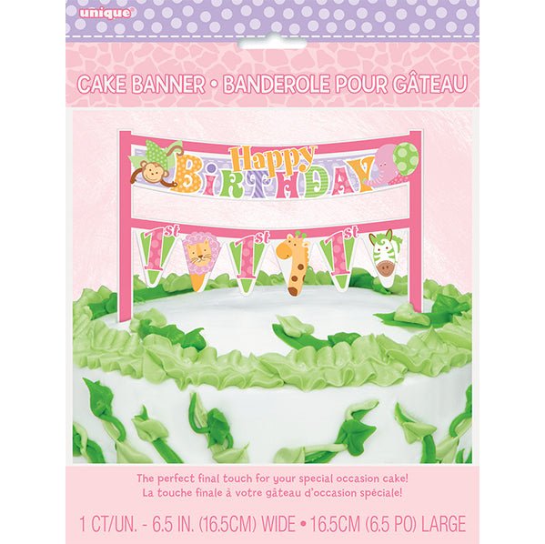 Pink Safari "Happy 1st Birthday" Cake Banner (16.5cm) - The Party Marketplace