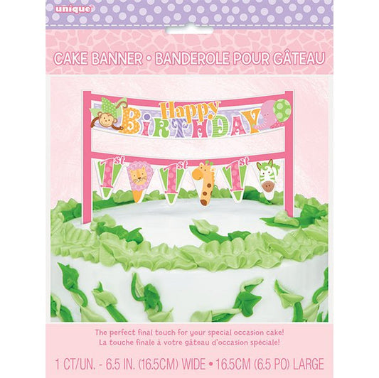 Pink Safari "Happy 1st Birthday" Cake Banner (16.5cm) - The Party Marketplace