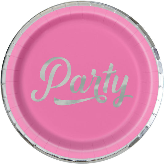 Pink & Silver "Party" Foil Stamped Paper Plates 23cm (Pack of 8) - The Party Marketplace