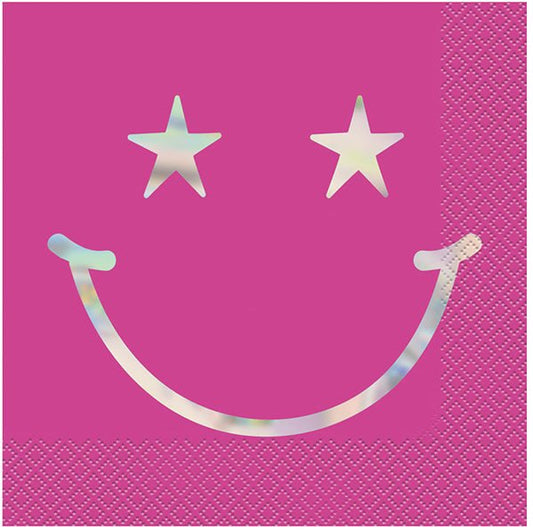 Pink Smiley Face Foil Stamped Luncheon Napkins (Pack of 16) - The Party Marketplace