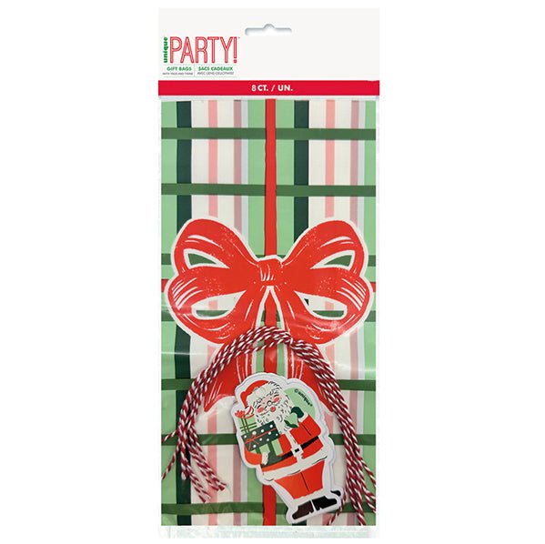 Plaid Christmas Cello Bags With Santa Shaped Gift Tag (Pack of 8) - The Party Marketplace