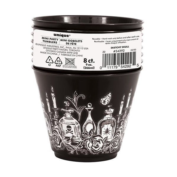 Plastic Tumbler - Sketchy Skull 266ml (Pack of 8) - The Party Marketplace