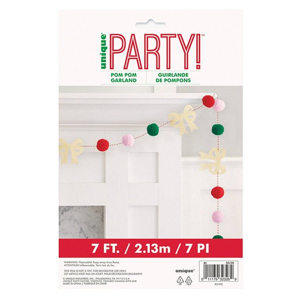 Pom Pom & Felt Bow Christmas Garland 2.13m - The Party Marketplace