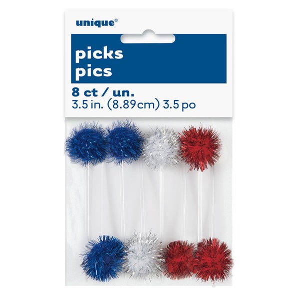 Pom Pom Picks - Red, Blue & Silver (Pack of 8) - The Party Marketplace