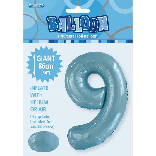 Powder Blue "9" Numeral Foil Balloon (86cm) - The Party Marketplace