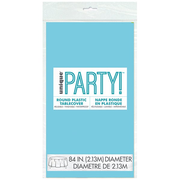 Powder Blue Round Plastic Tablecover 213cm - The Party Marketplace