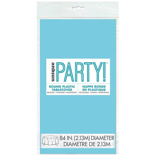 Powder Blue Round Plastic Tablecover 213cm - The Party Marketplace