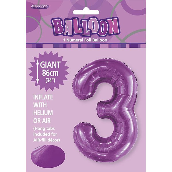 Pretty Purple "3" Numeral Foil Balloon (86cm) - The Party Marketplace