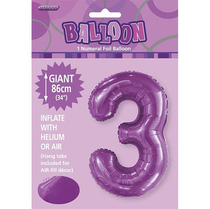 Pretty Purple "3" Numeral Foil Balloon (86cm) - The Party Marketplace