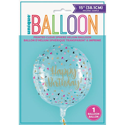 Printed Clear Sphere Colourful Birthday Helium Balloon 38cm - The Party Marketplace