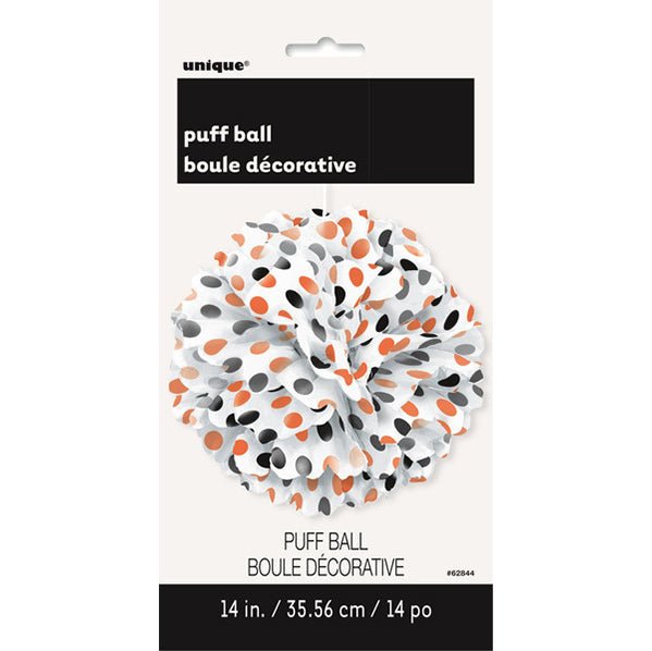 Puff Ball Decoration - Dots Orange & Black 35cm - The Party Marketplace