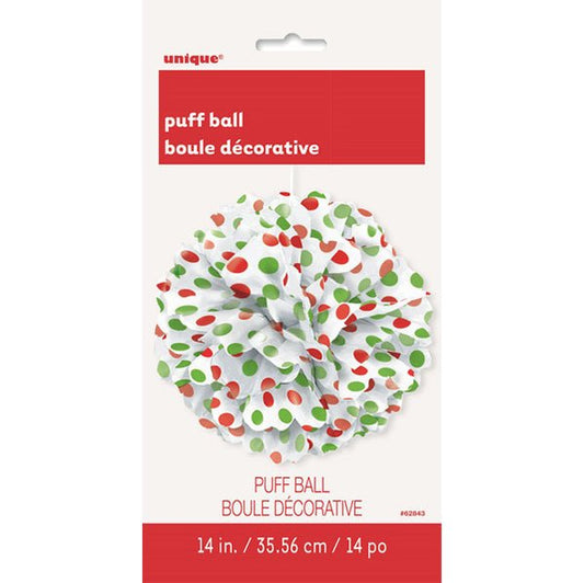 Puff Ball Decoration - Dots Red & Green 35cm - The Party Marketplace