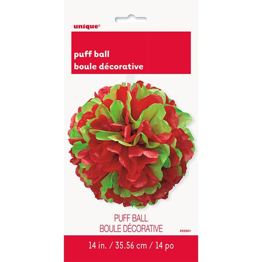 Puff Ball Decoration - Red & Green 35cm - The Party Marketplace