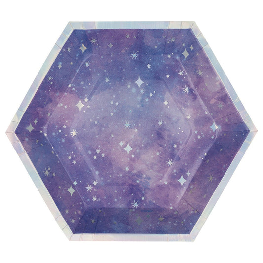 Purple Galaxy Foil Stamped Hexagonal Shaped Paper Plates (Pack of 8) - The Party Marketplace