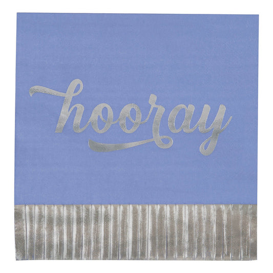 Purple & Silver "Hooray" Fringe Foil Stamped Luncheon Napkins (Pack of 16) - The Party Marketplace