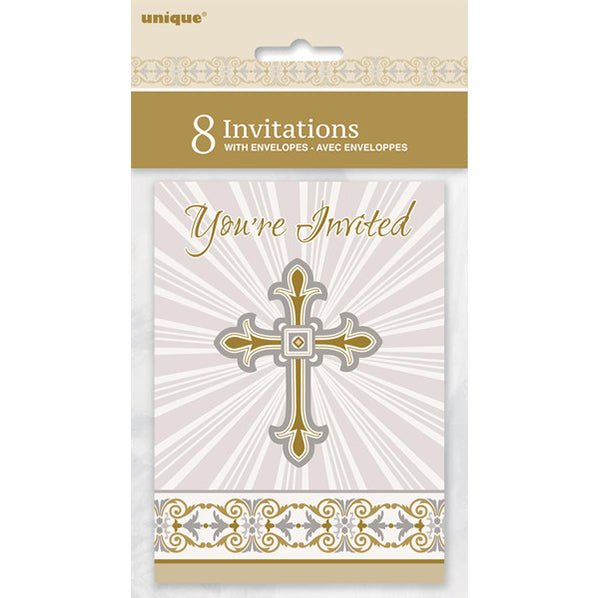 Radiant Cross Gold & Silver Invitations (Pack of 8) - The Party Marketplace