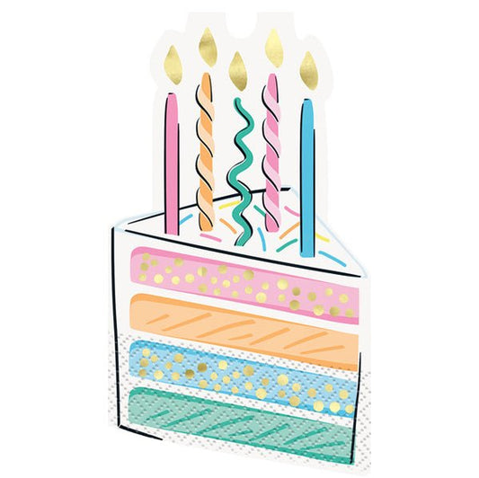 Rainbow Birthday Sweets - Foil Stamped Cake Shaped Luncheon Napkins (Pack of 16) - The Party Marketplace