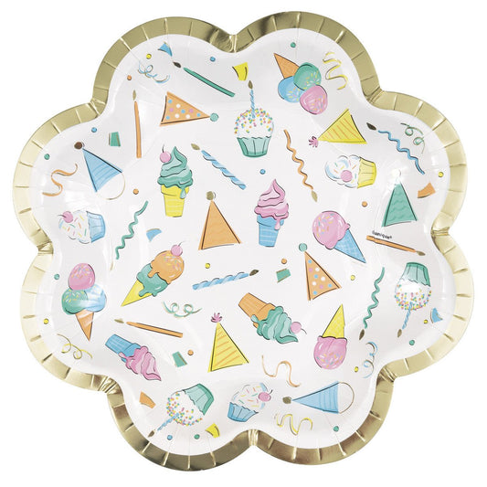 Rainbow Birthday Sweets Foil Stamped Flower Shaped Paper Plates (Pack of 8) - The Party Marketplace