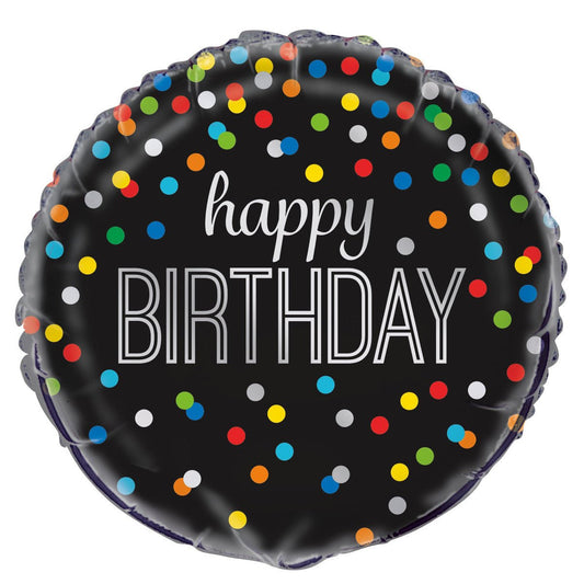 Rainbow Dot Black "Happy Birthday" Foil Balloon 45cm - The Party Marketplace