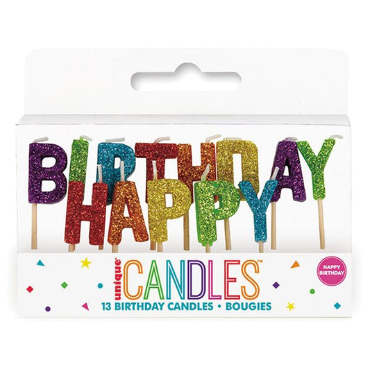 Rainbow Glitz "Happy Birthday" Pick Candles (Pack of 13) - The Party Marketplace