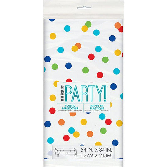 Rainbow Polka Dot Printed Tablecover 137cm x 213cm - The Party Marketplace