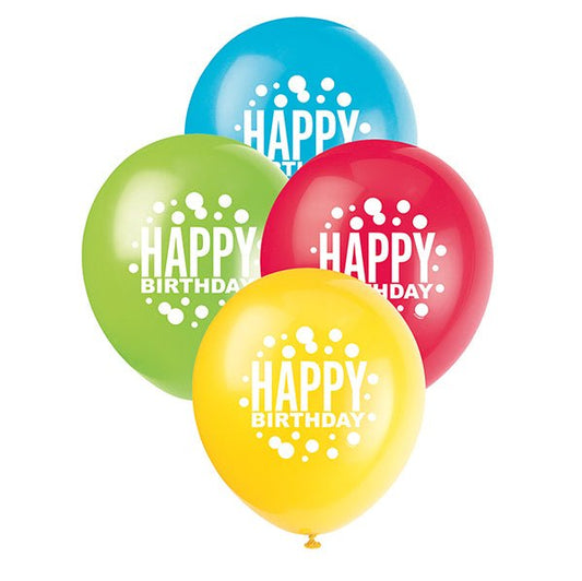 Rainbow Spots "Happy Birthday" Assorted Colour Balloons 30cm (Pack of 8) - The Party Marketplace