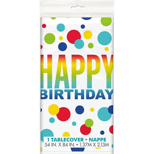 Rainbow Spots "Happy Birthday" Printed Tablecover 137cm x 213cm - The Party Marketplace