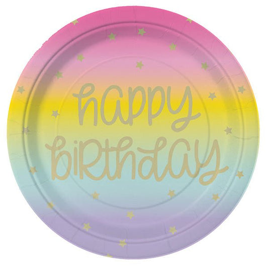 Rainbow Star "Happy Birthday" Foil Stamped Paper Plates 18cm (Pack of 8) - The Party Marketplace