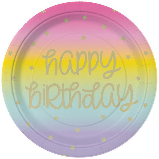 Rainbow Star "Happy Birthday" Foil Stamped Paper Plates 23cm (Pack of 8) - The Party Marketplace