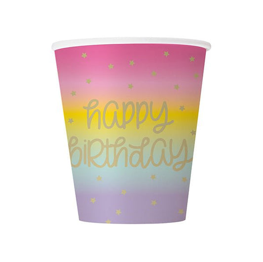 Rainbow Stars "Happy Birthday" Foil Stamped Paper Cups 270ml (Pack of 8) - The Party Marketplace