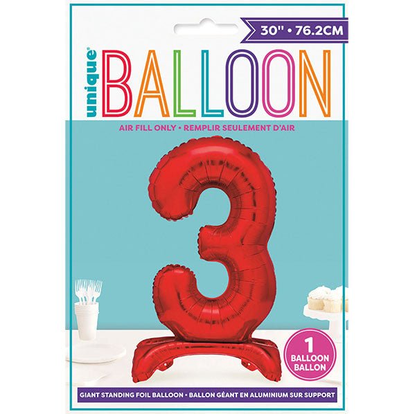 Red "3" Giant Standing Numeral Foil Balloon (76cm) - The Party Marketplace