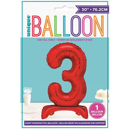 Red "3" Giant Standing Numeral Foil Balloon (76cm) - The Party Marketplace
