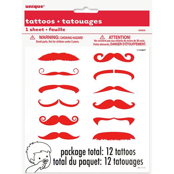 Red Moustache Finger Tattoos (Pack of 12) - The Party Marketplace