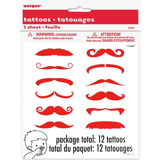 Red Moustache Finger Tattoos (Pack of 12) - The Party Marketplace