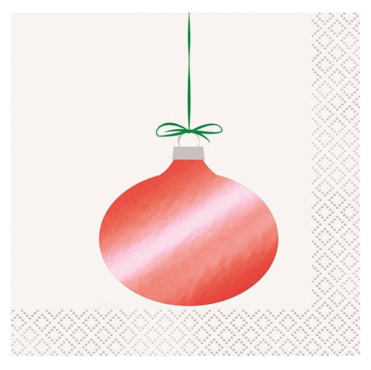 Red Ornament Christmas Foil Stamped Beverage Napkins (Pack of 16) - The Party Marketplace