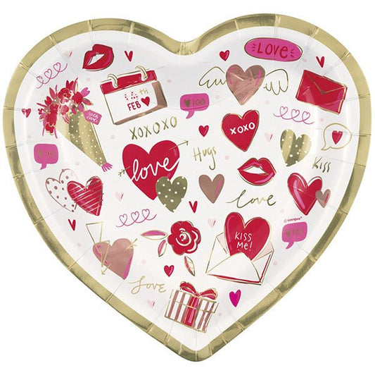 Red & Pink Valentine Foil Stamped Heart Shaped Paper Plates 21cm (Pack of 8) - The Party Marketplace