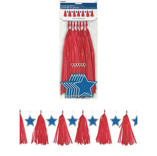 Red With Blue Stars Tassel Garland (2.13m) - The Party Marketplace