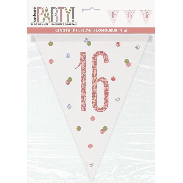 Rose Gold "16" Prismatic Foil Flag Banner - 2.74m - The Party Marketplace