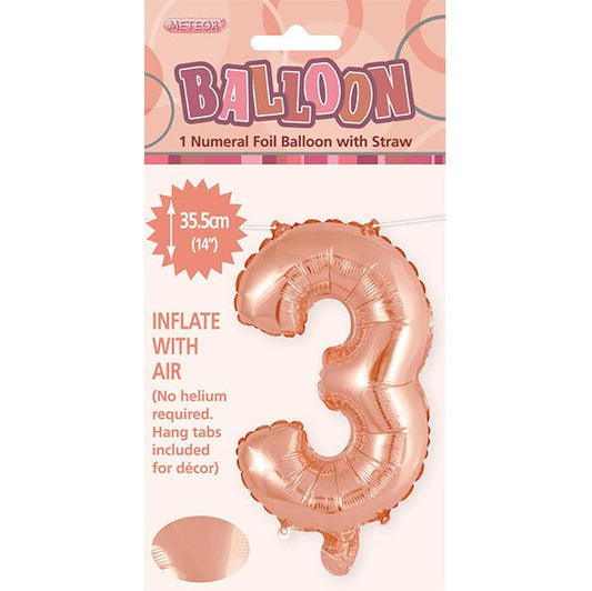 Rose Gold "3" Numeral Foil Balloon (35cm) - The Party Marketplace