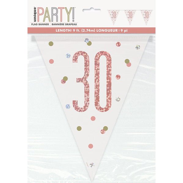 Rose Gold "30" Prismatic Foil Flag Banner - 2.74m - The Party Marketplace