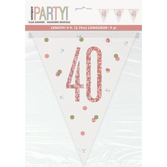 Rose Gold "40" Prismatic Foil Flag Banner - 2.74m - The Party Marketplace