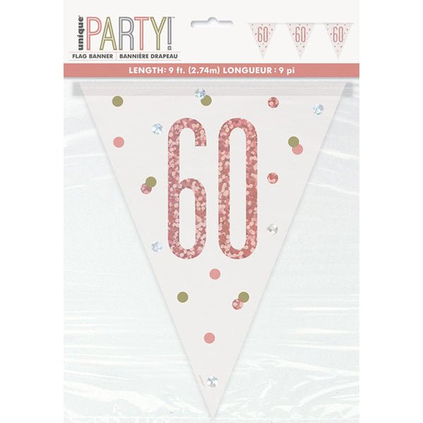 Rose Gold "60" Prismatic Foil Flag Banner - 2.74m - The Party Marketplace