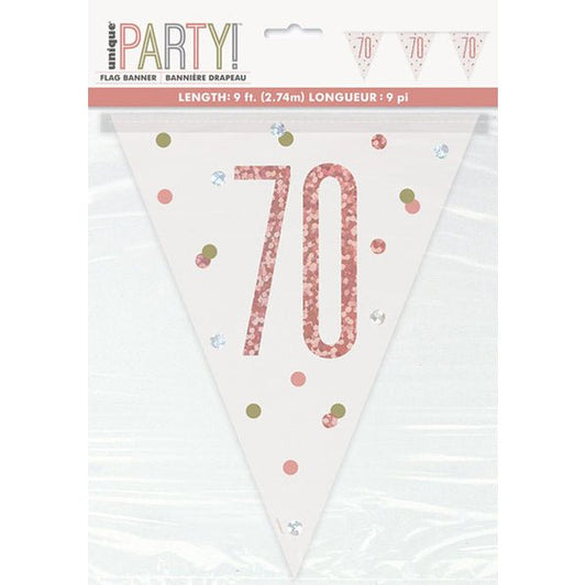 Rose Gold "70" Prismatic Foil Flag Banner - 2.74m - The Party Marketplace