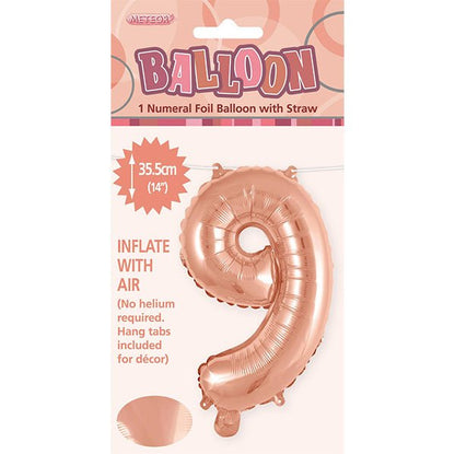Rose Gold "9" Numeral Foil Balloon (35cm) - The Party Marketplace