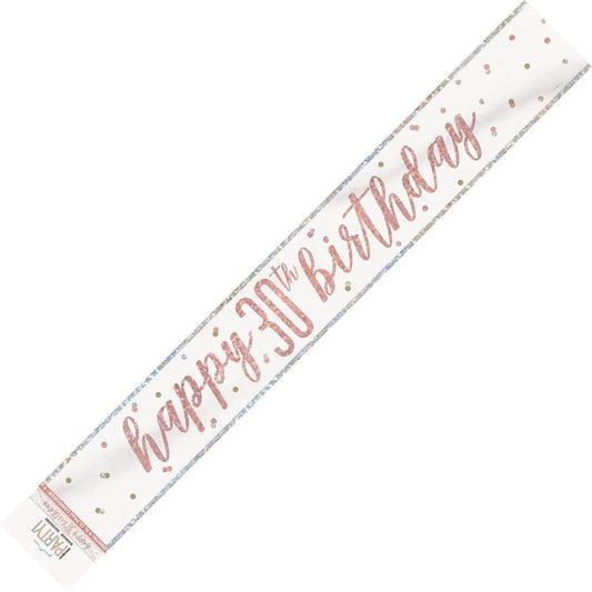 Rose Gold "Happy 30th Birthday" Prismatic Foil Banner - 2.74m - The Party Marketplace