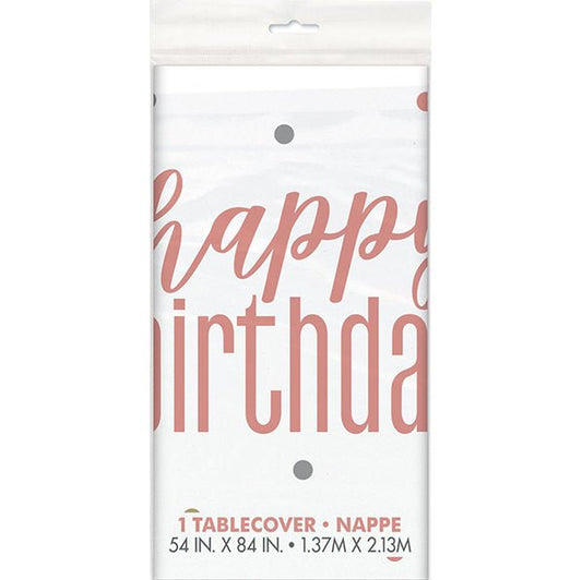 Rose Gold "Happy Birthday" Printed Tablecover 137cm x 213cm - The Party Marketplace