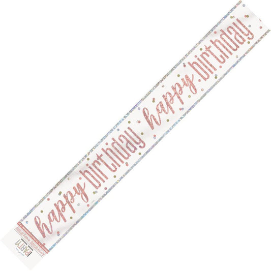 Rose Gold "Happy Birthday" Prismatic Foil Banner - 2.74m - The Party Marketplace