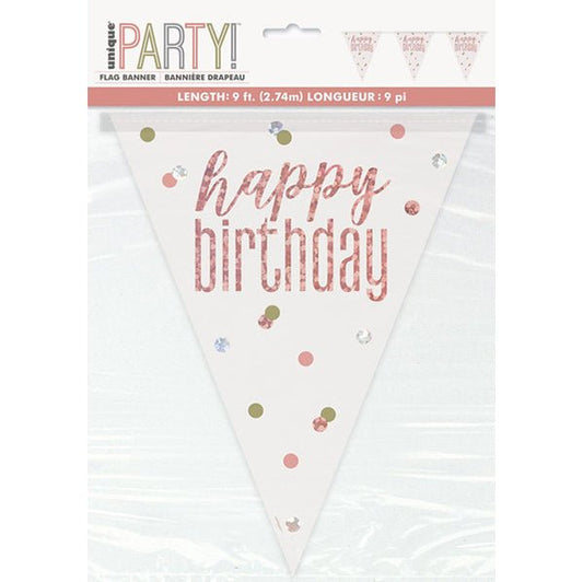 Rose Gold "Happy Birthday" Prismatic Foil Flag Banner - 2.74m - The Party Marketplace