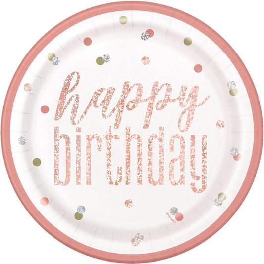 Rose Gold "Happy Birthday" Prismatic Paper Plates 23cm (Pack of 8) - The Party Marketplace